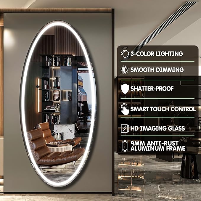 FENNIO 70" x 36" Large Wall Mounted Mirror with LED Lights, Oval Full Length LED Lighted Full Body Dressing Mirror for Bedroom, Salon, Brushed Aluminum Frame, Tempered Glass