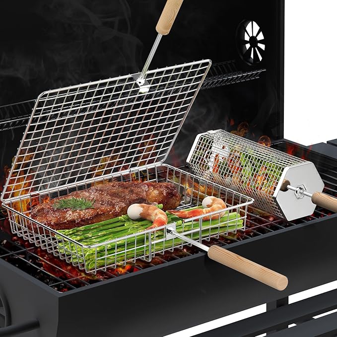 ivtivfu Grill Basket Set, Removable Wooden Handle, 304 Stainless Steel, Rolling BBQ Tools, Smoker Grilling Accessories for Vegetable Fish, Outdoor Cooking Camping, Birthday Gifts for Men Dad Husband