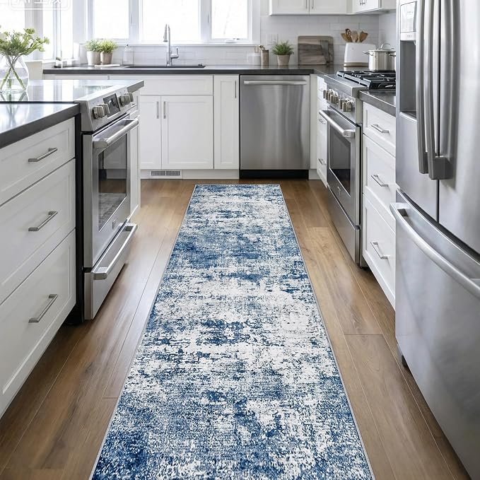 2.6'x14' Runner Rug Washable Rug: Modern Abstract Soft Thin Runner Rug Blue