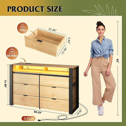 WLIVE 6 Drawer Led Dresser for Bedroom, 51" Wood Dresser with Charging Station for 55" TV, Dressers with Open Shelves, Hanging Rack, Chest of Drawers for Closet, Living Room, Light Oak