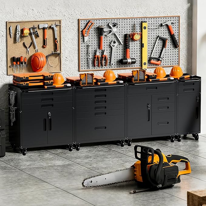 Metal Garage Storage Cabinet with Wheels, Rolling Tool Cabinet with 6 Drawers, Heavy Duty Tool Cabinet with Workbench, Assembly Required, Black