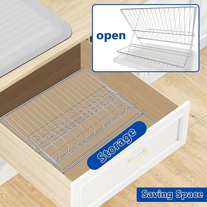 Stainless Steel Foldable Dish Drying Rack, 2 Tier Collapsible Kitchen Rack for Counter, Large Capacity Expandable Dish Drainer Rust Proof