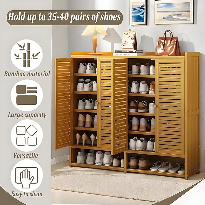 qeknxks7-Tier Bamboo Shoe Cabinet，Shoe Storage Cabinet with Doors, 36-40 Pairs Freestanding Shoes Cabinet Organizer, Large Shoe Cabinet for Entryway, Hallway, Living Room