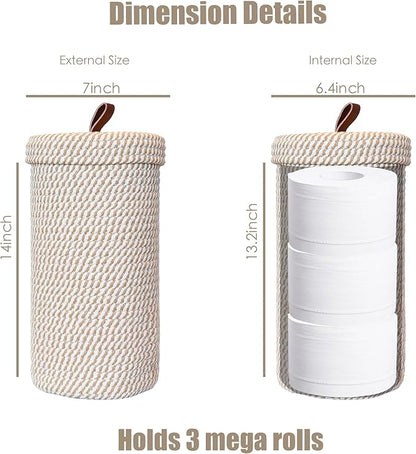 Toilet Paper Holder Handmade – Woven Cotton Toilet Paper Stand & Storage Basket with Lid, Freestanding Organizer for Bathroom, Fits 3 Mega Rolls Gradient Brown 14'' x 7''