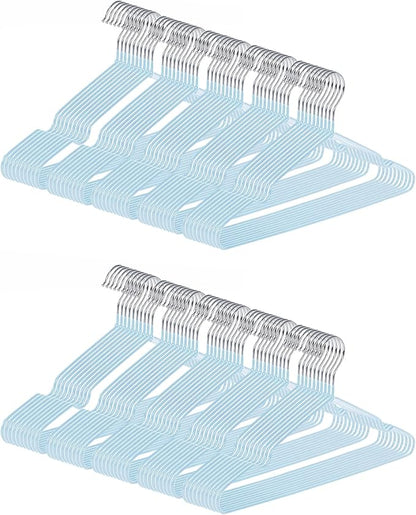 Ultra-Thin Metal Hangers, 100 Pack Non-Slip PVC Coated Space Saving Clothes Hangers for Closet, 16 inch Wide for Suits, Dresses, Jackets（Blue）