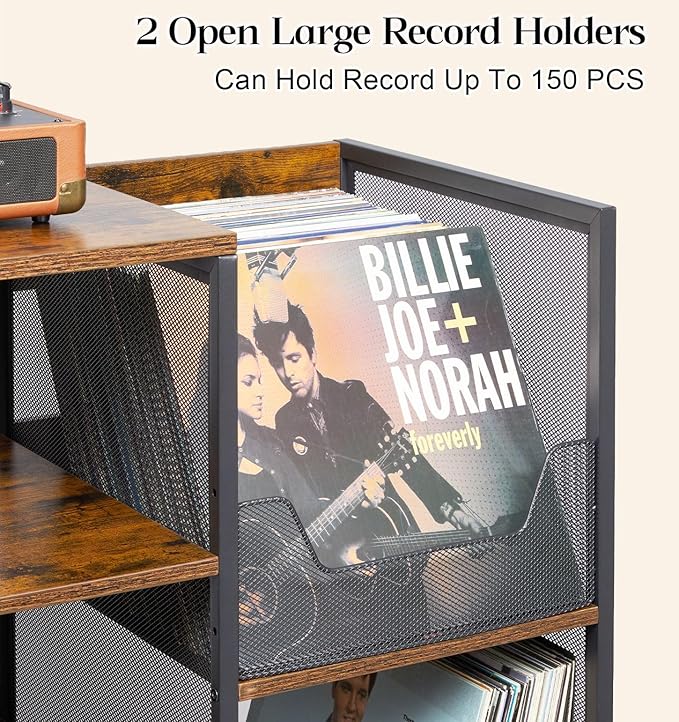 Cottage Charm Large Record Player Stand Table with Vinyl Record Holder Up to 150PCS, AV Media Stand Stereo Cabinet Shelf Rack Tower with Storage, Sturdy, Adjustable Feet, Rustic, Large Capacity