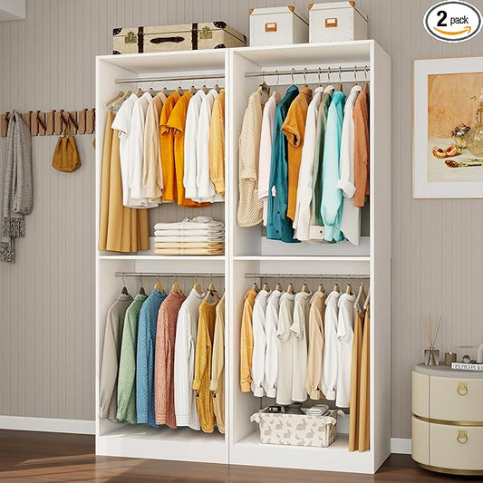 Closet System with 6 Hanging Rods& Shelf, 4FT Small Closet Organizer System Wood with Extra Side Hanging Rod for Walk in Closet Storage, Modular Closet Systems, White(4FT)
