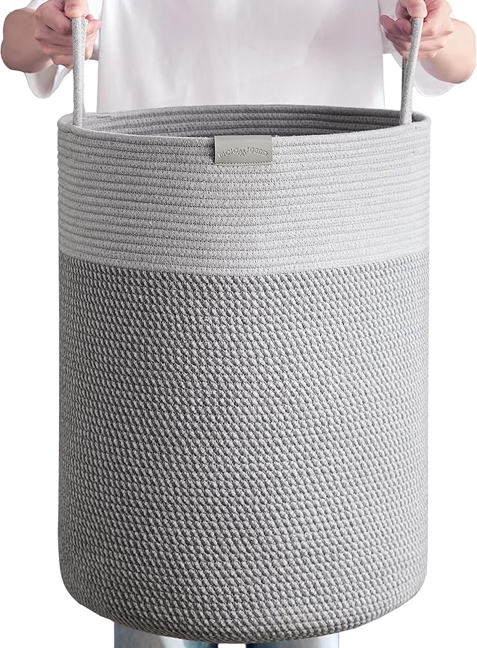 80L Extra Large Grey Laundry Hamper Basket, Tall Woven Hamper for Bedroom, Cotton Rope Laundry Basket for Clothes, 16x22 Inches