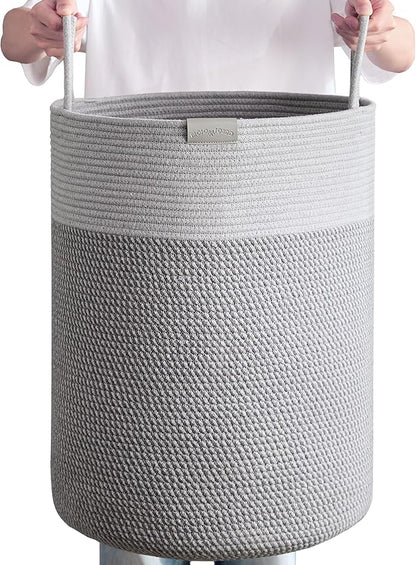 80L Extra Large Grey Laundry Hamper Basket, Tall Woven Hamper for Bedroom, Cotton Rope Laundry Basket for Clothes, 16x22 Inches