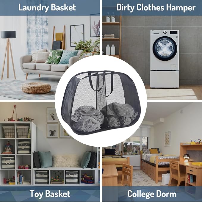 Seiritex Mesh Popup Laundry Hamper 2 Compartment, Collapsible Laundry Sorter Basket Foldable Hamper for Clothes, College Dorm, Travel (Black)