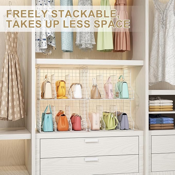 Sonyabecca Purse Storage Organizer for Closet : Adjustable 3-Pack Dividers Handbag Organizer - Stackable Wire Handbags Storage Baskets -Open Cabinets Wallets Tote Chain Bags Clutches -White