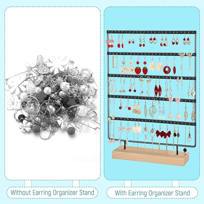 Earring Holder Organizer, 5-Tier Earring Organizer with 60-Pair Capacity, Wooden Base Metal Earring Display, Jewelry Storage & Display for Home Store, Suitable for Women