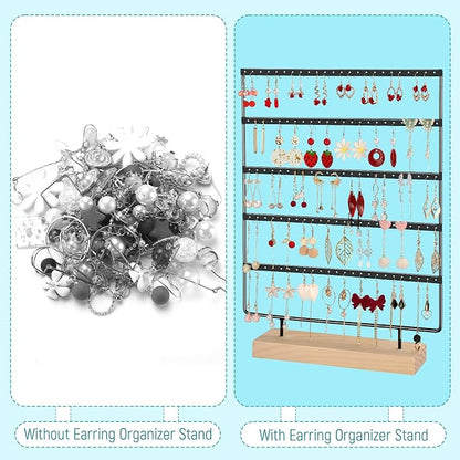 Earring Holder Organizer, 5-Tier Earring Organizer with 60-Pair Capacity, Wooden Base Metal Earring Display, Jewelry Storage & Display for Home Store, Suitable for Women