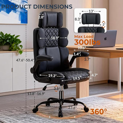 Office Chair with Adjustable Headrest, Faux Leather Executive Home Office Desk Chairs with Ergonomic Back Support, Padded Flip-Up Armrests, Swivel Rolling Computer Chair for Work, Study, Black