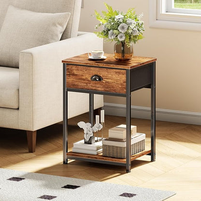 Furologee End Table with Storage Shelf and Fabric Drawer, 2 Tiers Industrial Nightstand, Bedside Table Organizer for Living Room Bedroom, Rustic Brown, Easy Assembly