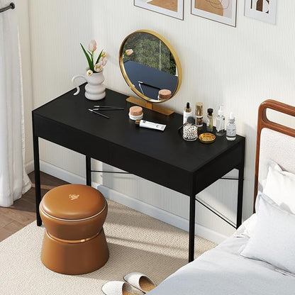 GOFLAME Modern 2-Drawer Computer Desk, Home Office Desk w/Reinforced Heavy-Duty Metal Frame, Versatile Study Writing Desk w/Anti-Tip Kit, Ideal for Bedroom, Study, Office, Small Spaces, Black