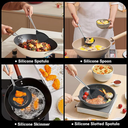 FJNATINH Silicone Spatula - Turner - Ladle - Skimmer Set Wok Utensil Set,Stainless Steel Non Stick Heat-Resistant Cooking Utensils BPA Free Kitchen Tools Cookware Wooden Handle, Pack of 4