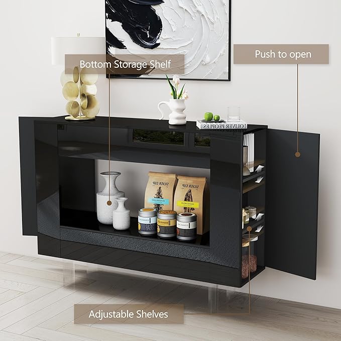 High Gloss Console Table with Hidden Side Storage Cabinets, Adjustable Shelves, Modern Black Entryway Sofa Table for Behind The Couch, Living Room, Hallway, Black
