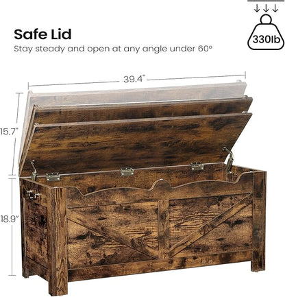39.4" Storage Chest, Extra Large Storage Trunk with 2 Hinges, Wooden Box Bench, Lift-Top Organizer Chest, Shoe Bench for Entryway, Bedroom, Living Room, Rustic Brown SB04501X