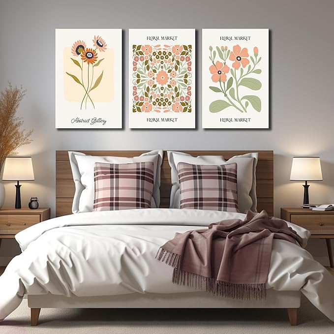 SKYRISE 3 PCS Boho Floral Canvas Wall Art, Rustic Botanical Canvas Paintings Prints ArtWork for Living Room, Vintage Flower Pictures for Farmhouse Dining Room Hallway Bedroom Wall Decor 24"x36"