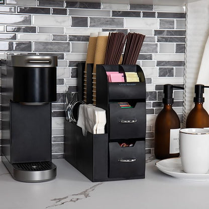 Mind Reader Cup and Condiment Station, Countertop Organizer, Coffee Bar, Kitchen, Stirrers, 5.35" W x 11.25" L x 11.15" H, Black (Pack of 8)
