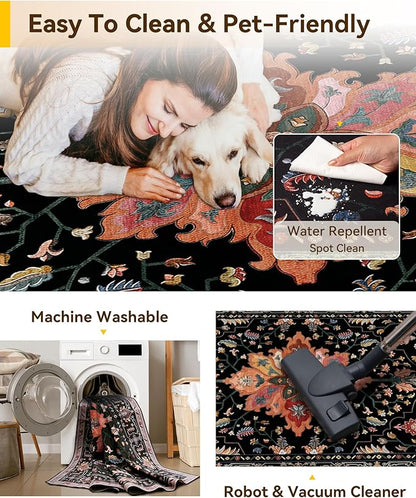 RELEANY Area Rugs Runner 2'6"x8' Washable Non-Slip, Floral Vintage Distress Medallion Carpet for Kitchen Hallway Bedroom Beside Laundry Room Bathroom, Black Colorful Floral Dark Tan
