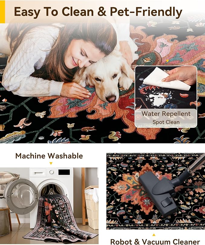 RELEANY Area Rugs Runner 2'x6' Washable Non-Slip, Floral Vintage Distress Medallion Carpet for Kitchen Hallway Bedroom Beside Laundry Room Bathroom, Black Colorful Floral Dark Tan