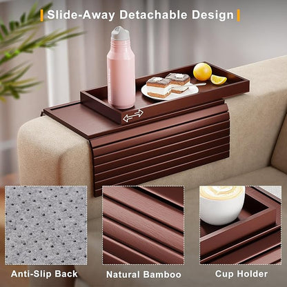 Bestjing Bamboo Sofa Armrest Tray Table for Couch - 2-in-1 Foldable Couch Arm Table with Be Slide Detachable Tray- Anti-Slip Sofa Armchair Caddy for Drinks Cellphone TV Remote Snacks(Walnut)