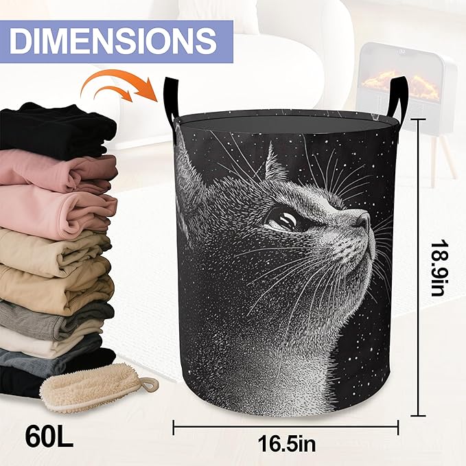 Cute Black Cat Laundry Hamper Large Canvas Fabric Lightweight Storage Basket/Dirty Clothes Collapsible Waterproof for College Dorms, Boys and Girls Bedroom,Bathroom