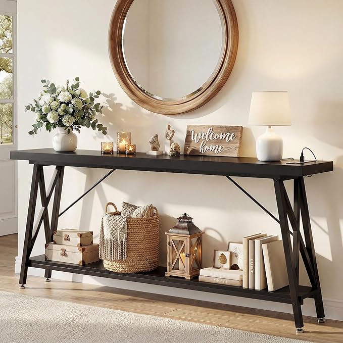 Homieasy 70.9 Inch Extra Long Console Table, Industrial Sofa Table Behind Couch with Charging Station & Storage Shelf, Entryway Table for Living Room & Entryway, Black