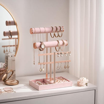 3 Tier Bracelet Holder Display - Detachable T Bar Pink Velvet Bracelet Holder, Jewelry Holder Organizer for Bracelet, Necklace, Earrings, Rings