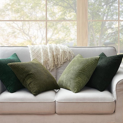 Topfinel Dark Green Euro Shams Decorative Throw Pillow Covers 22x22 Inch Set of 4,Soft Corduroy Striped Gradient Color Large Cushion Cover for Beach,Patio,Balcony,Living Room,Summer Home Decor