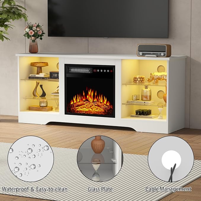 PRETZI Fireplace TV Stand with 18" Fireplace Up to 65" TVs, 58" Entertainment Center with LED Lights, TV Media Console with Adjustable Glass Shelves and Storage Cabinets for Living Room, White