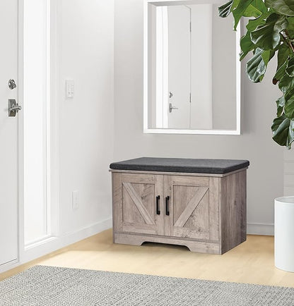 2-Tier Storage Bench, 27.6" Wide Shoe Bench with Padded Seat Cushion, Entryway Bench with 2 Barn Doors and Adjustable Shelf, Greige