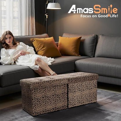 AmasSmile Footrest Ottoman Bench with Storage,34Inch Leopard Print Velvet Footstool, Coffee Table, Padded Seat, Storage Chest,Blanket Store with Flipping Lid for Livingroom and Bedroom