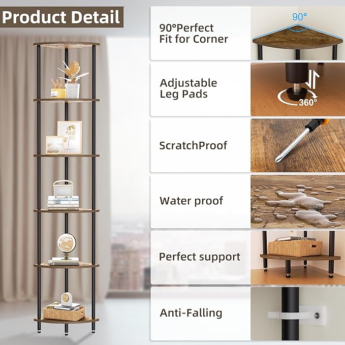 QLSPTFTS 6 Tier Corner Shelf, Bookcase for Small Spaces, Corner Display Shelf, Plant Stand, Rustic Brown and Black,Suitable for Bedroom,Living Room,Kitchen