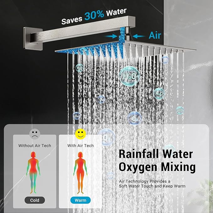 10" Square Rain Shower Faucet Set, Wall Mount, Brush Nickel | 304 SS, air tech boosts pressure 50%, dual spray, anti-fingerprint