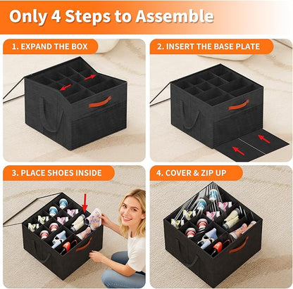 Aokeyee Shoe Organizer for Closet, 2 Pack Foldable Shoe Storage Organizer Box w/Clear Cover and 4 Reinforced Handles, Space Saving Shoes Bin Fits up to 16-32 Pairs, Black