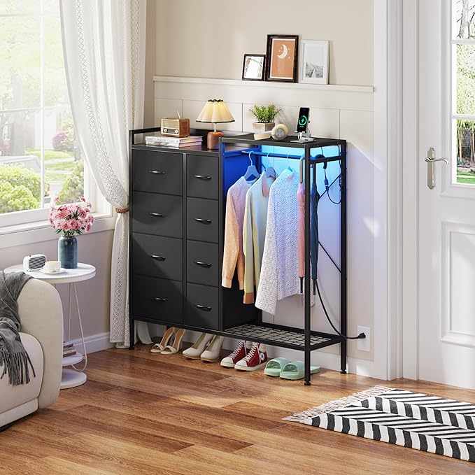 Dresser with Hanging Rack, 8-Drawer Dresser for Bedroom with Charging Station & LED Lights, Kids Dressers with Shoe Rack, Chest of Drawers with Wooden Top for Bedroom, Kids Room, Black, 11.8"D