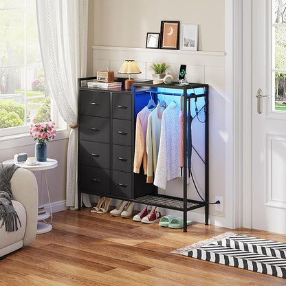 Dresser with Hanging Rack, 8-Drawer Dresser for Bedroom with Charging Station & LED Lights, Kids Dressers with Shoe Rack, Chest of Drawers with Wooden Top for Bedroom, Kids Room, Black, 11.8"D