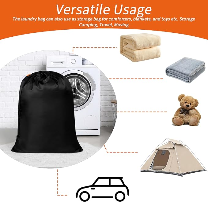 Polecasa Extra Heavy-Duty Laundry Bag 28x36”- Machine Washable Large Storage Bag with Reinforced Handles & Drawstring Closure & ID Tag for College Dorm Travel -Black