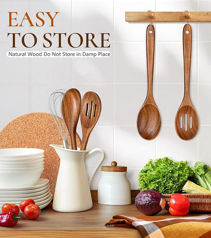 2Pcs Wooden Spoons for Cooking, Natural Premium Teak Wooden Spoon & Slotted Spoon, Good Grip Large Cooking Spoons Spatula, Heat Resistant Wooden Kitchen Cooking Utensils Set for Nonstick Cookware