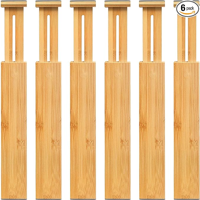 VaeFae 6-Pack Adjustable Bamboo Drawer Dividers, Expandable Drawer Organizer for Kitchen Utensils, Clothes, Bathroom, Office – Fits Drawer Interiors 16.6" to 21.8"