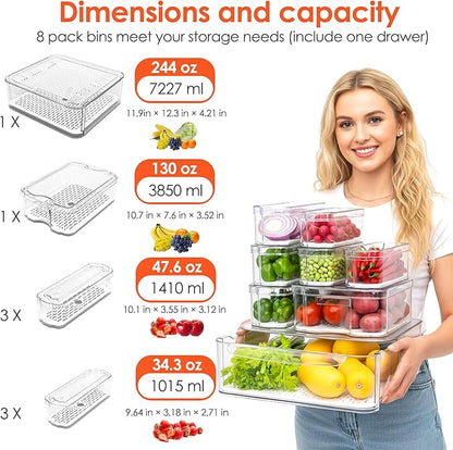 Fridge Organizers and Storage, 8 Pack Clear Freezer Organizer Bins with Lids for Kitchen, Pantry, Refrigerator, Food, Fruit, Vegetable Storage (8 Bins (Include Pull-out Drawer))