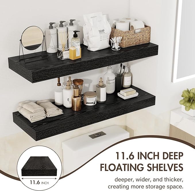 Acovy 48 Inch Floating Shelves, 12" Deep Floating Shelf Wall Mounted, 48" Wall Shelves, Rustic Deep Bookshelf, Extra Deeper & Thicker Display Shelves for Bedroom, Living Room, Black, Set of 2