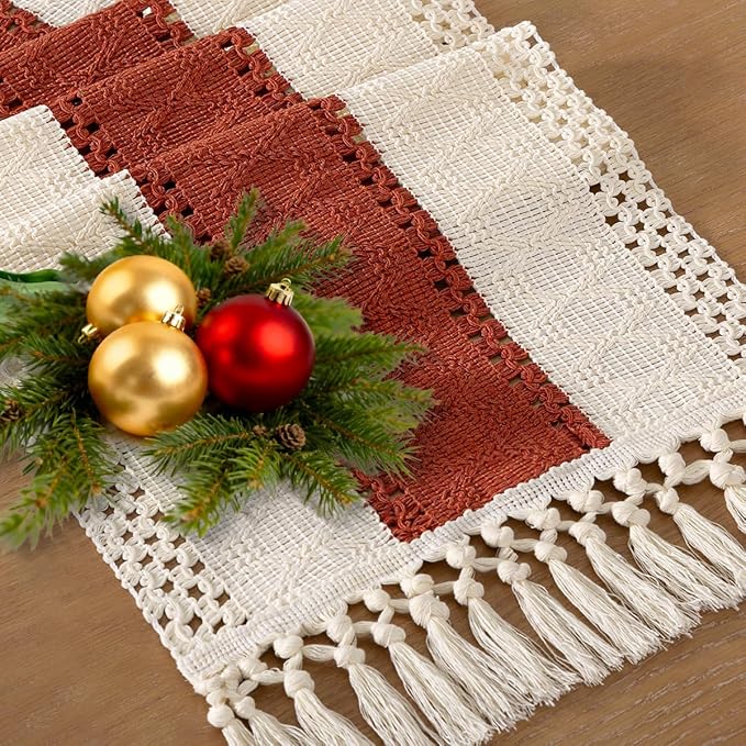 Socomi Boho Table Runner Valentine's Day Farmhouse Rustic Dining Kitchen Small Macrame Woven Cotton Linen Coffee Table Runner for Dresser Scarf Home Decor 12x48 inch Terracotta Ivory