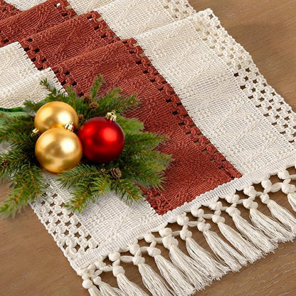 Socomi Boho Table Runner Macrame Valentine's Day Farmhouse Woven Cotton Linen Rustic Table Runner with Tassels for Dresser Scarf Home Decor Dining Room 12x90 inch Terracotta Ivory
