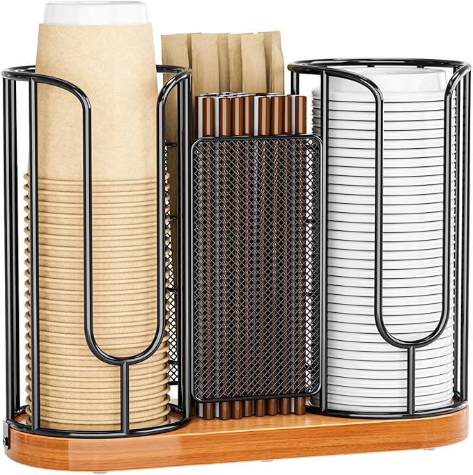 Coffee Cup and Lids Holder - Disposable Cups Straws Organizer with Wooden Base - Paper Plastic Cup Holder Dispenser Storage for Countertop Coffee Station Bar Restaurant Office Breakroom Shop Kitchen