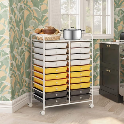 COSTWAY 20-Drawer Rolling Storage Cart, Multipurpose Storage Trolley on Wheels for Home Office School (Yellow, Beige & Grey)