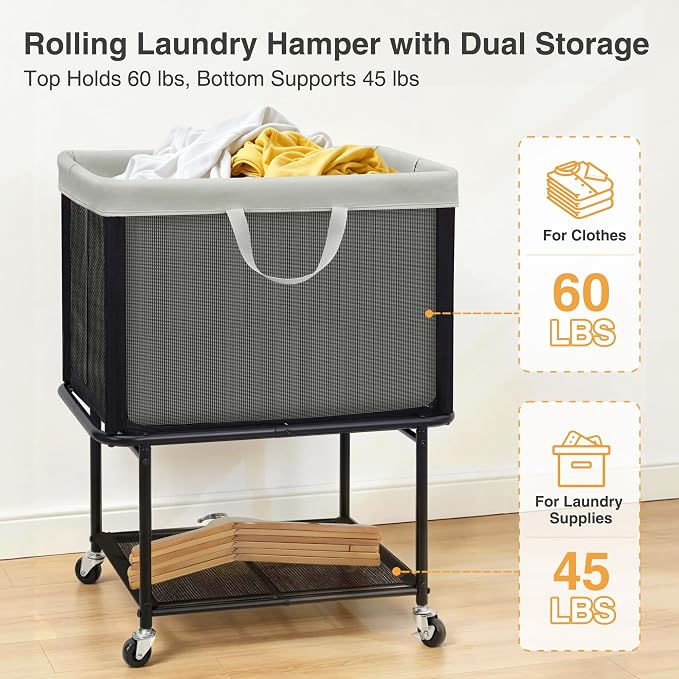 STO STO Rolling Laundry Hamper with Lockable Wheels, 29-Gallon (110L) Laundry Cart with Removable Canvas Bag, 2-Tier Clothes Basket Hamper with Shelf for Closet, Bedroom, Bathroom, Laundry Room, Gray